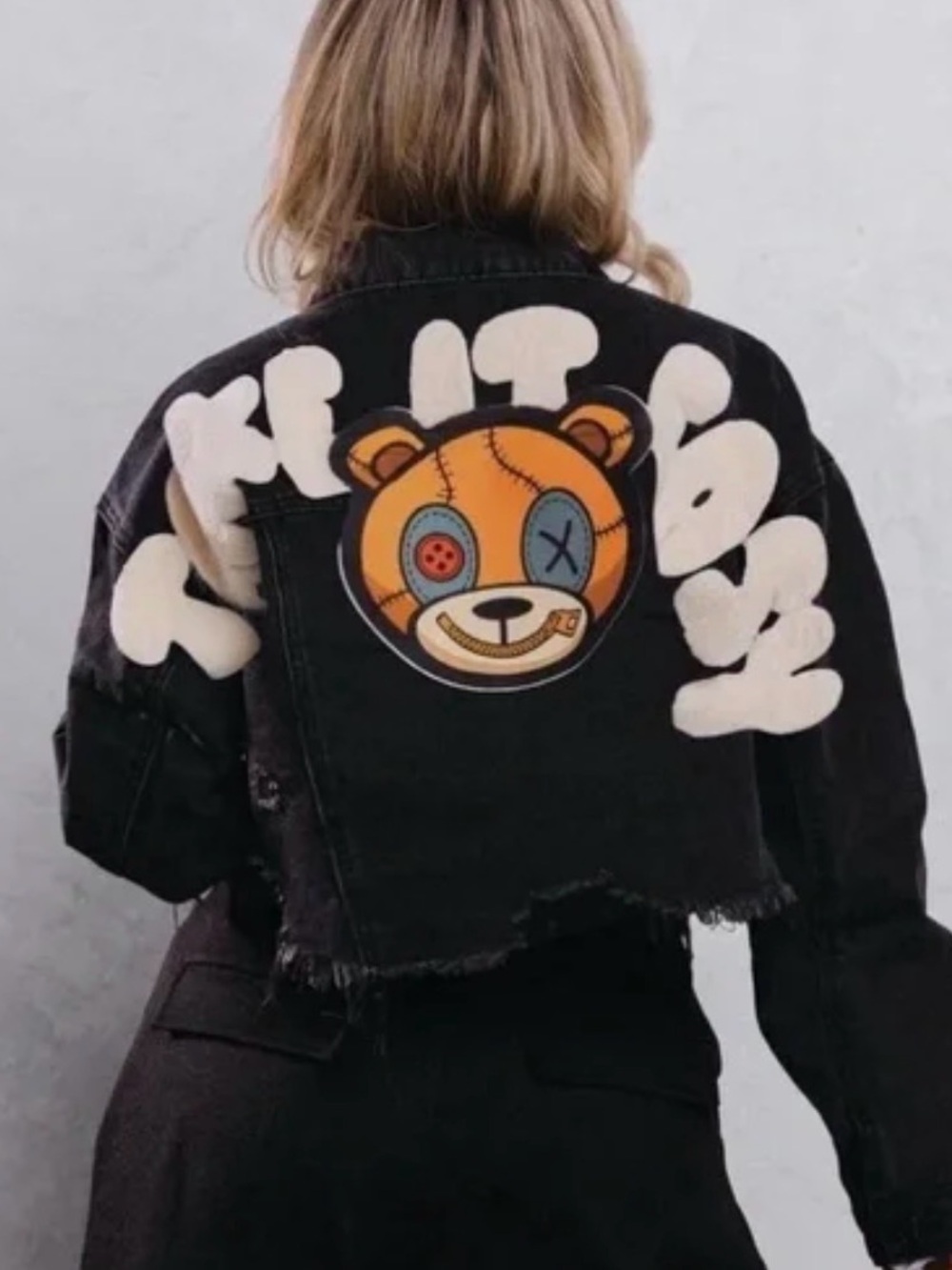 Trio Urban Retail “Take It Easy” Teddy Bear Cropped Denim Jacket – Black XL